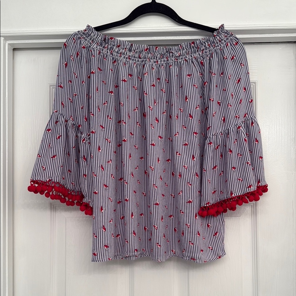 Striped Off-Shoulder Top with Red Accents